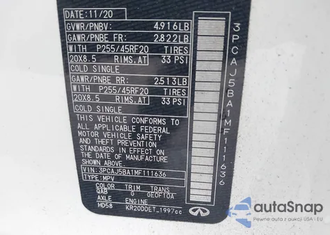 2021 Infiniti Qx50 Luxe из США, поврежденный, VIN 3PCAJ5BA1MF111636